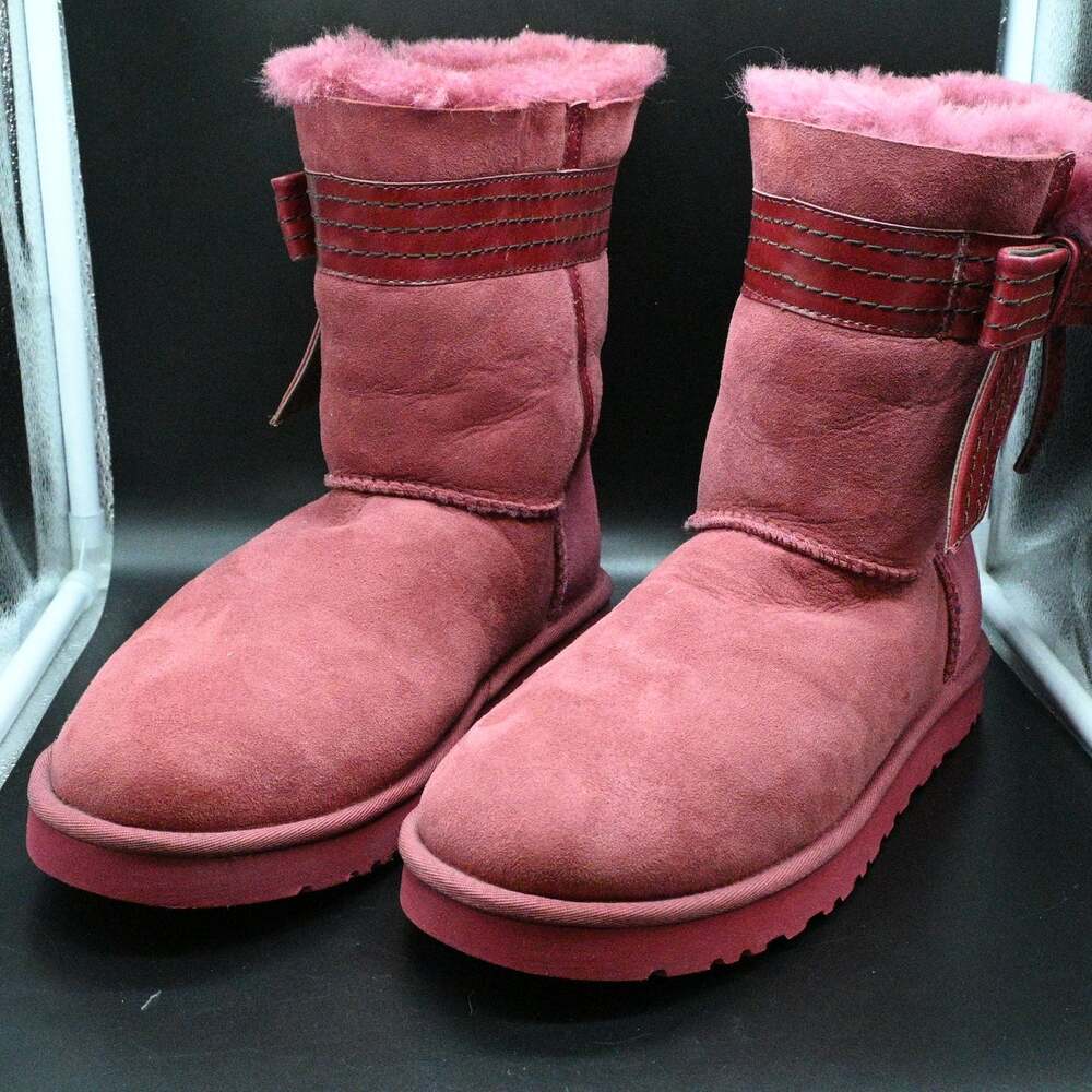 UGG Australia Josette Sangria Pink Suede Leather Bow Shearling Boots Women Sz 11